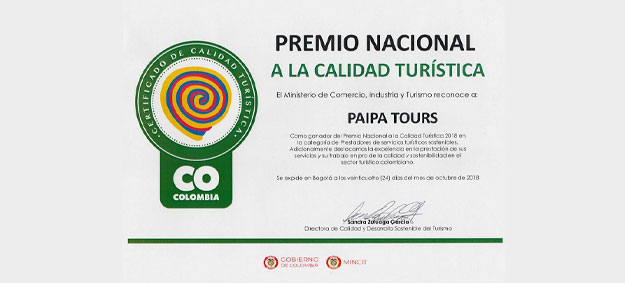 Premio Nacional a la Calidad Turistica 2018 - Paipa-Tours