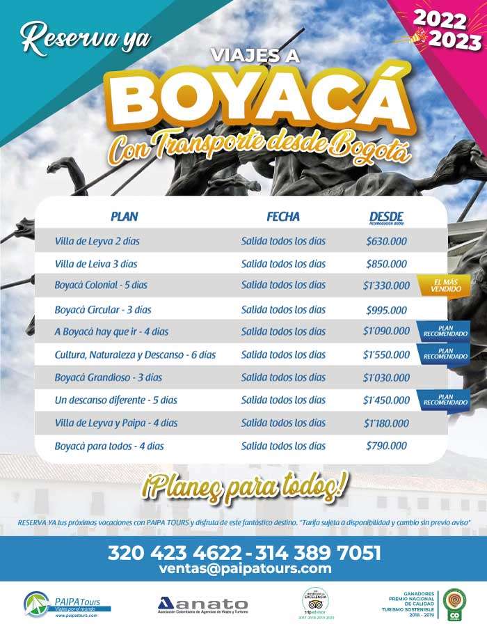 Planes BOYACÁ desde Bogotá Viajes PAIPA TOURS - 2022 - 2023