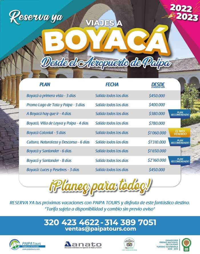 Plan a BOYACÁ llegando al aeropuerto de PAIPA Viajes PAIPA TOURS - 2022 - 2023