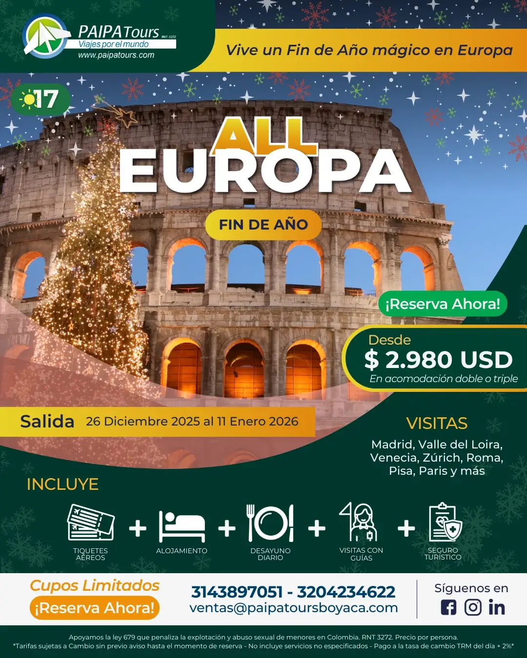 Paquete de Viaje Fin de Año All Europa desde Colombia 2025 con Paipa Tours