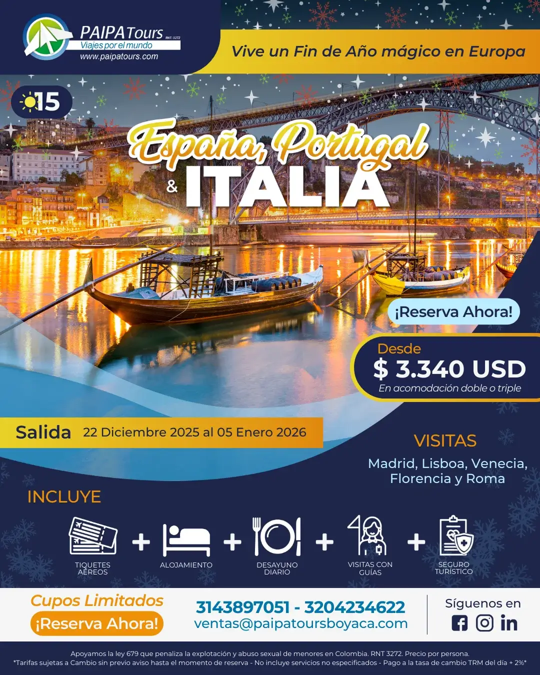 Paquete de Viaje en Diciembre a España, Portugal e Italia 2025 Fin de Año con Paipa Tours