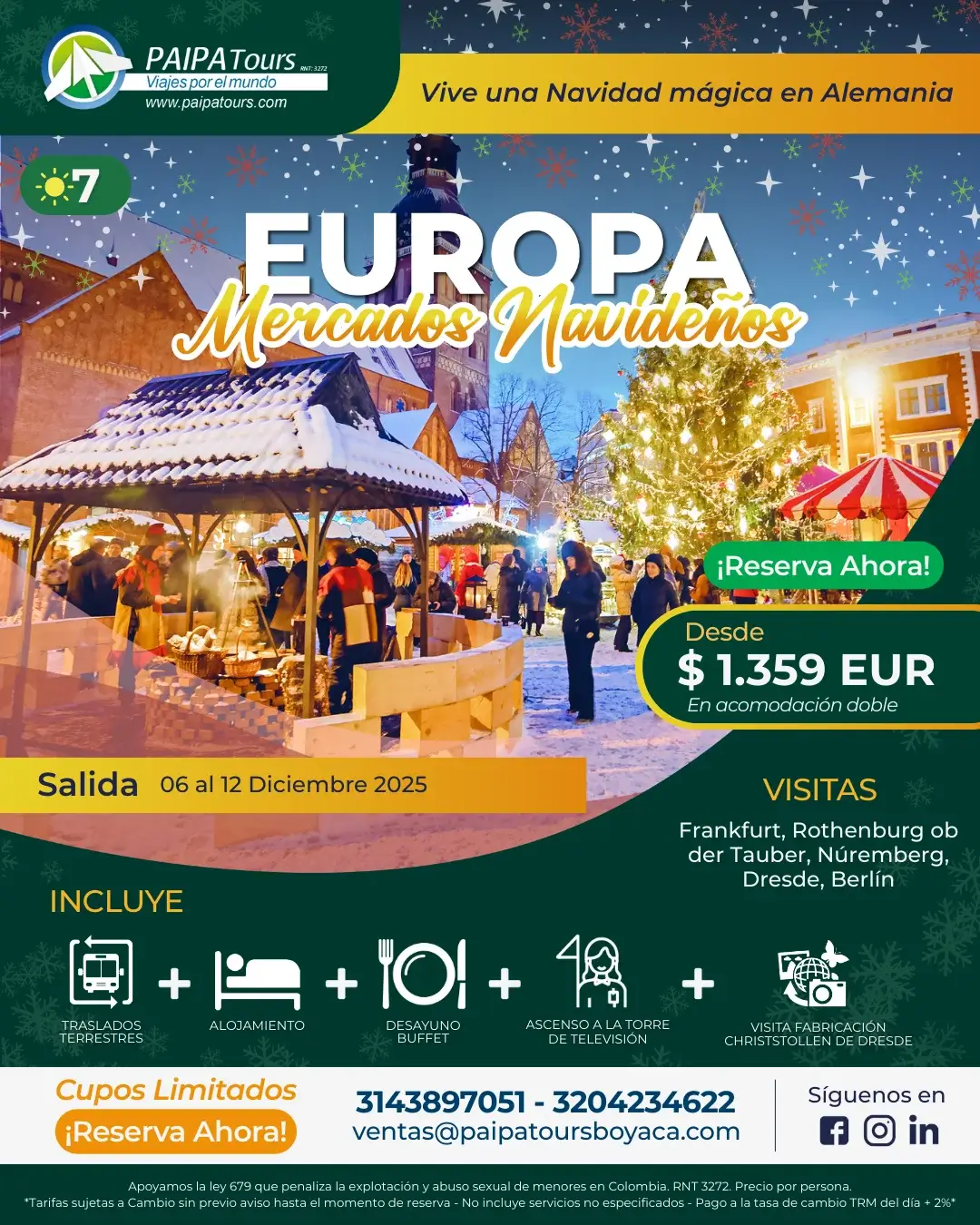 Paquete de Viaje de Navidad a los Mercados Navideños de Alemania 2025 con Paipa Tours