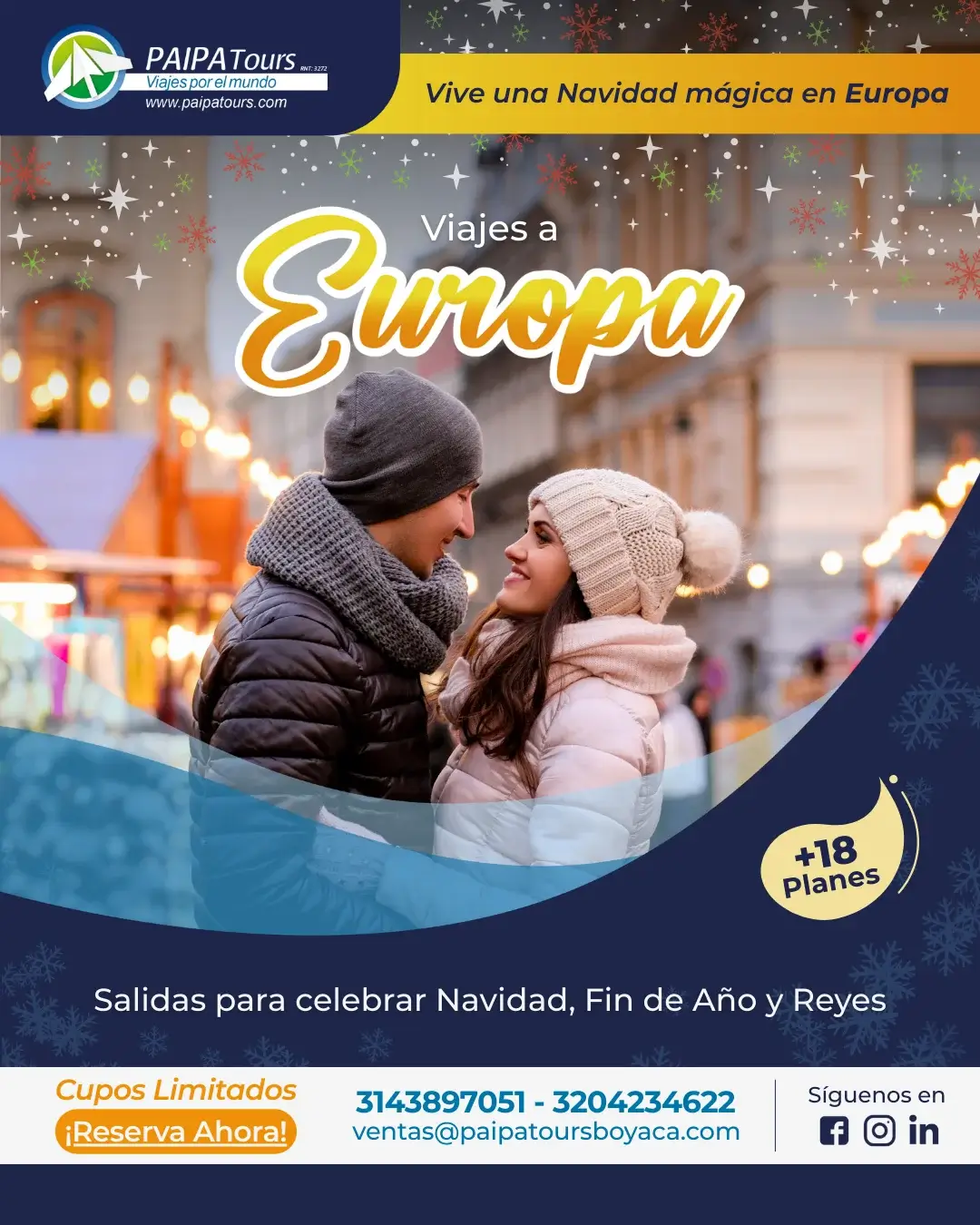 Pareja disfrutando el ambiente navideño en una ciudad europea durante un viaje con Paipa Tours.