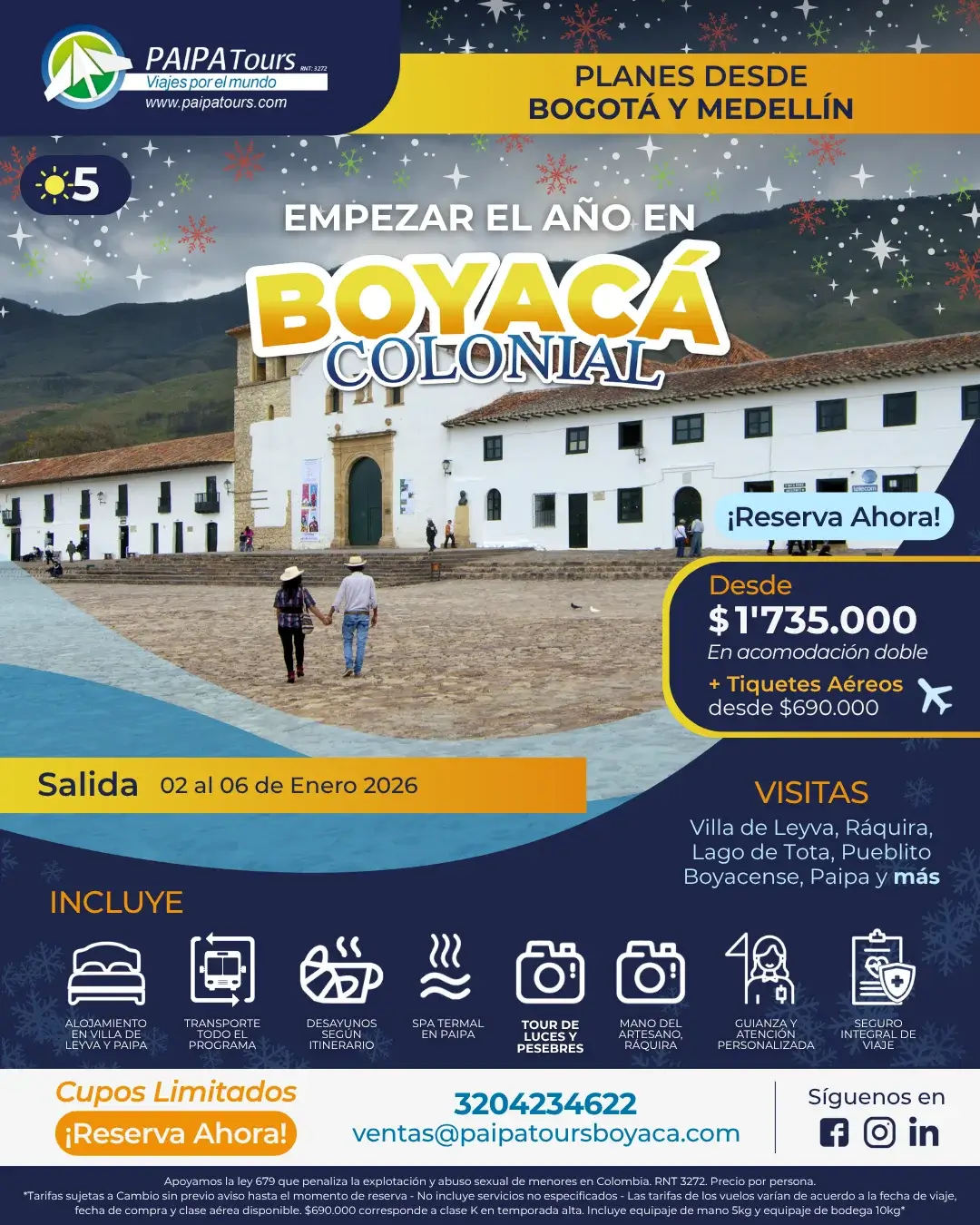 Viaje Boyacá Colonial desde Bogotá y Medellín - Enero 2026 - Paipa Tours
