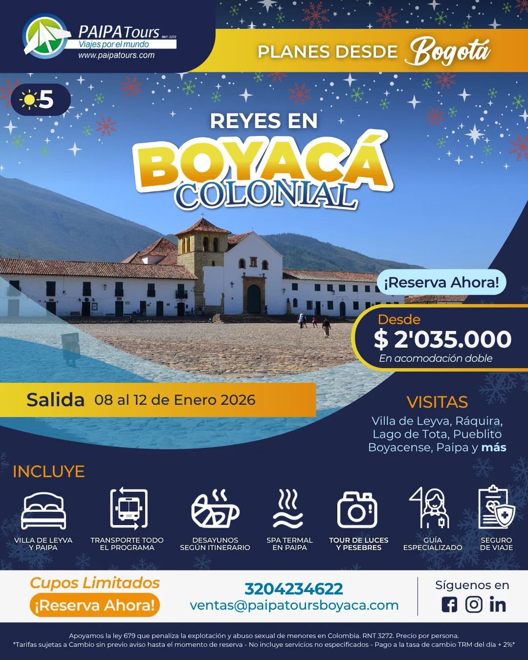 Viaje a Boyacá Colonial desde Bogotá - 8 Ene 2026 - Paipa Tours